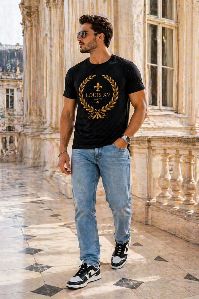 Modelo vestindo camiseta LOUIS XV Laurier Doré